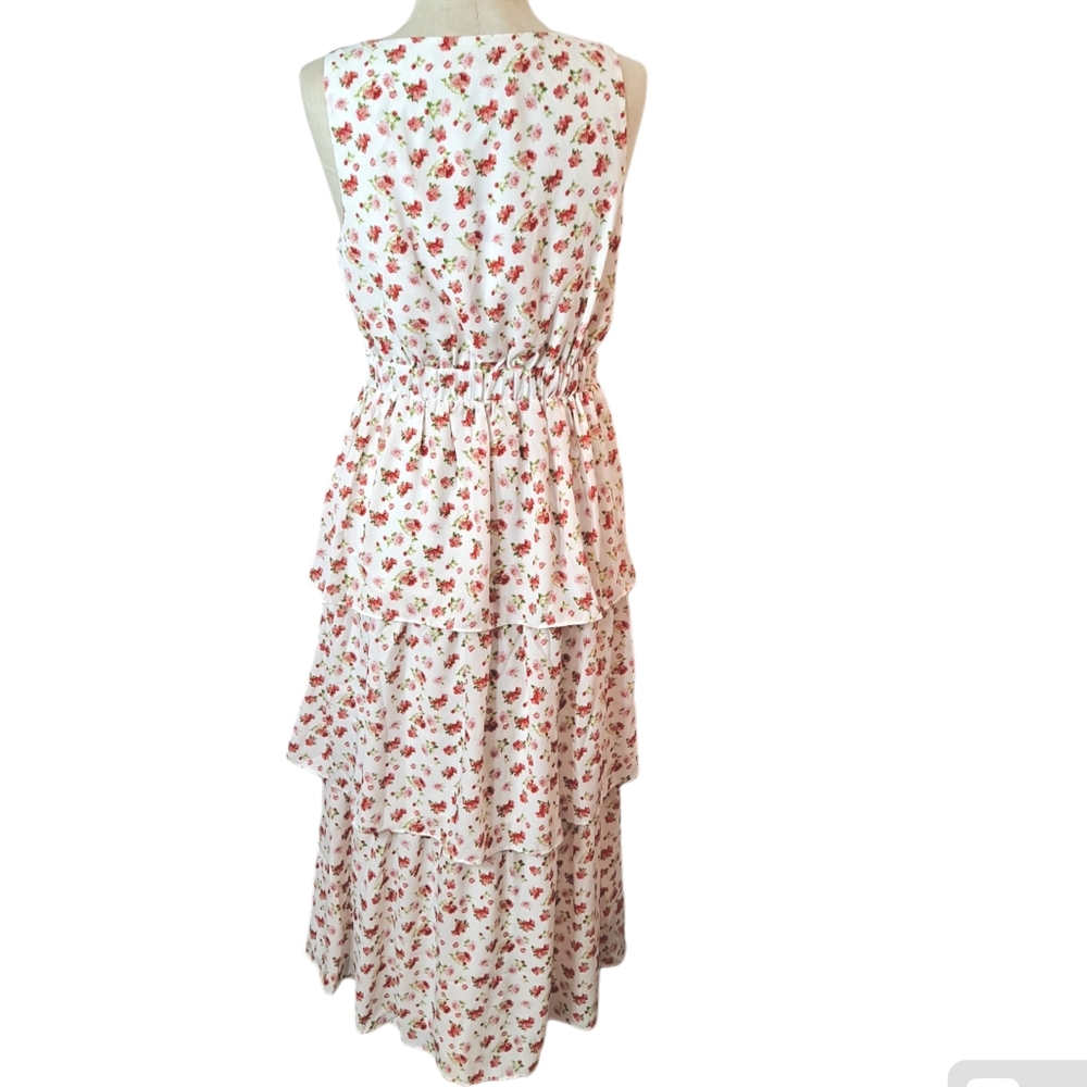 WAYF Tie Front Cutout Floral Chiffon Midi Dress Tiered Summer Wedding Guest Med - Picture 5 of 7